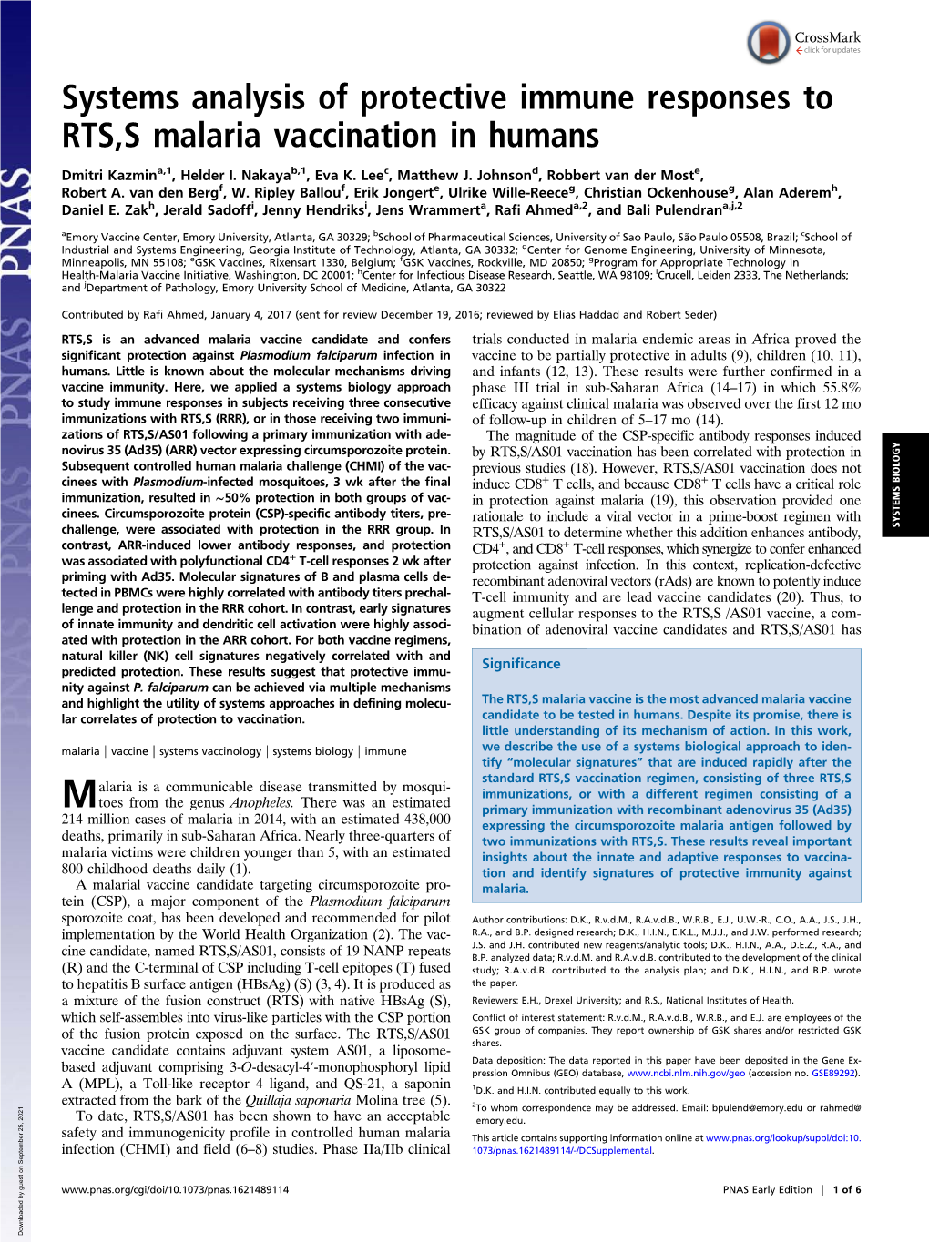 Systems Analysis of Protective Immune Responses to RTS,S Malaria Vaccination in Humans