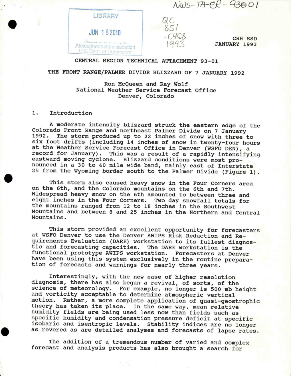 Central Region Technical Attachment 93-01 the Front Range/Palmer