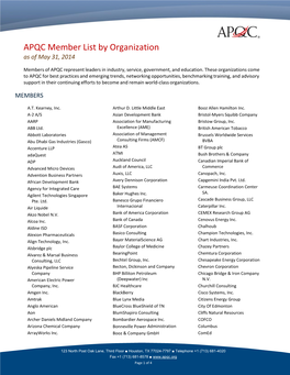 APQC Member List by Organization As of May 31, 2014