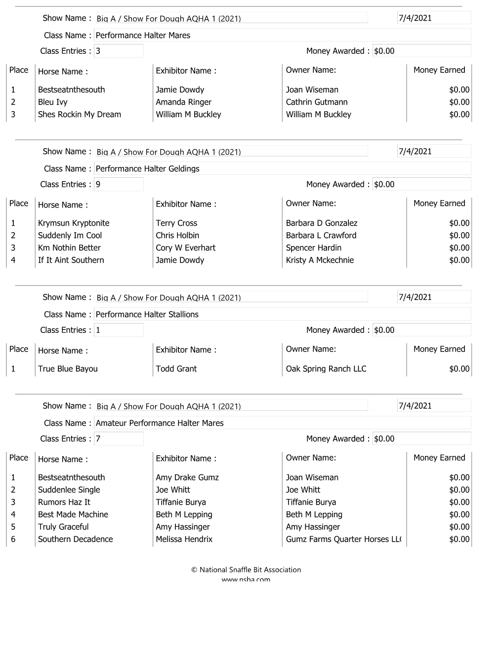 0.00 7/4/2021 Big a / Show for Dough AQHA 1