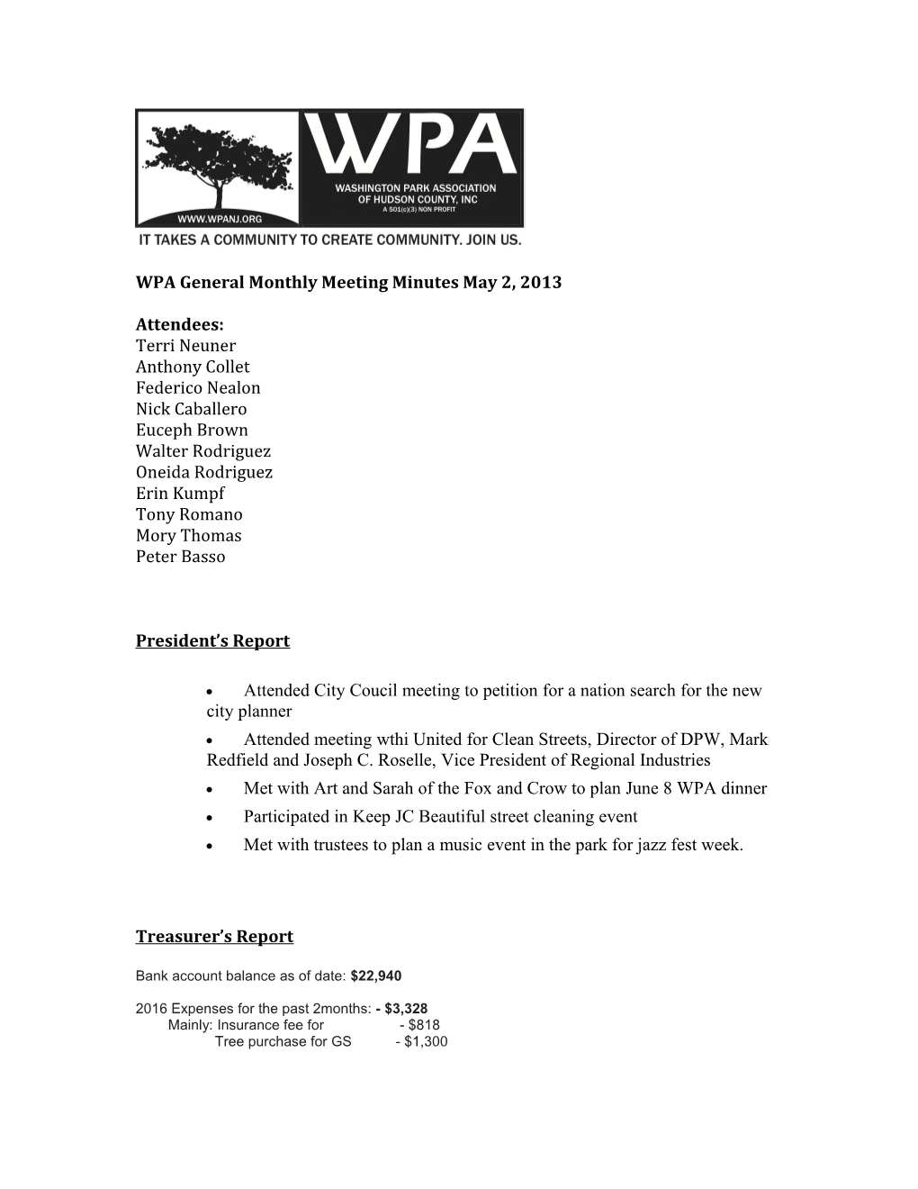 WPA General Monthly Meeting Minutes May 2, 2013