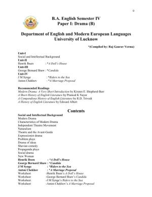 B.A. English Semester IV Paper I: Drama (B) Department of English and Modern European Languages University of Lucknow Contents