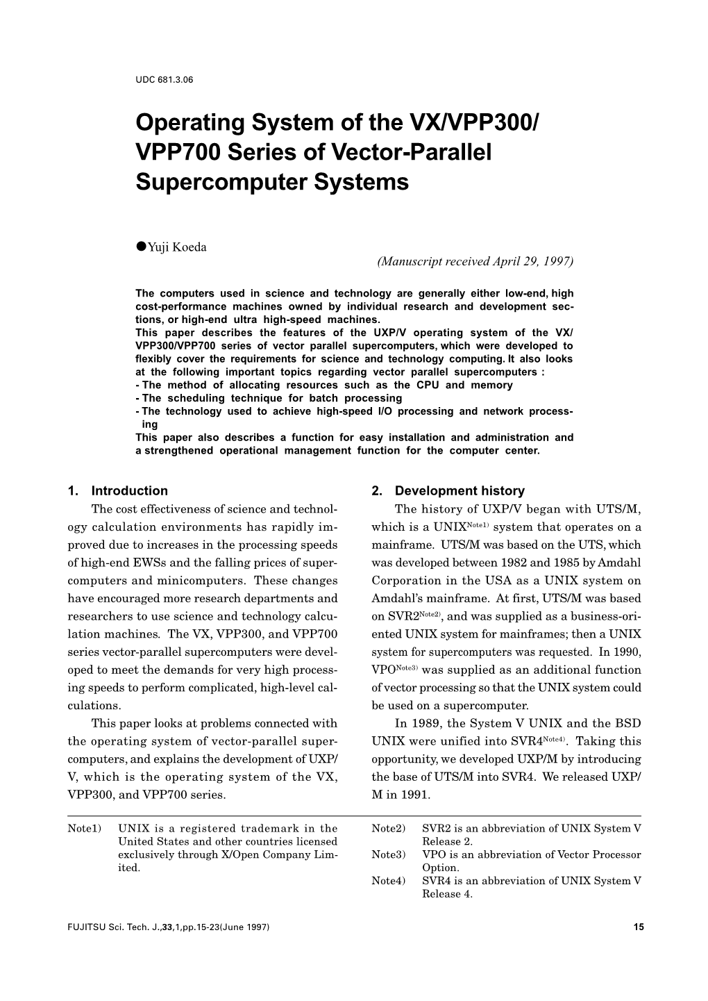 Operating System of the VX/VPP300/VPP700 Series of Vector-Parallel Supercomputer Systems