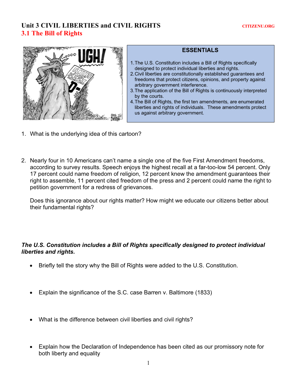 Unit 3 CIVIL LIBERTIES and CIVIL RIGHTS 3.1 the Bill of Rights