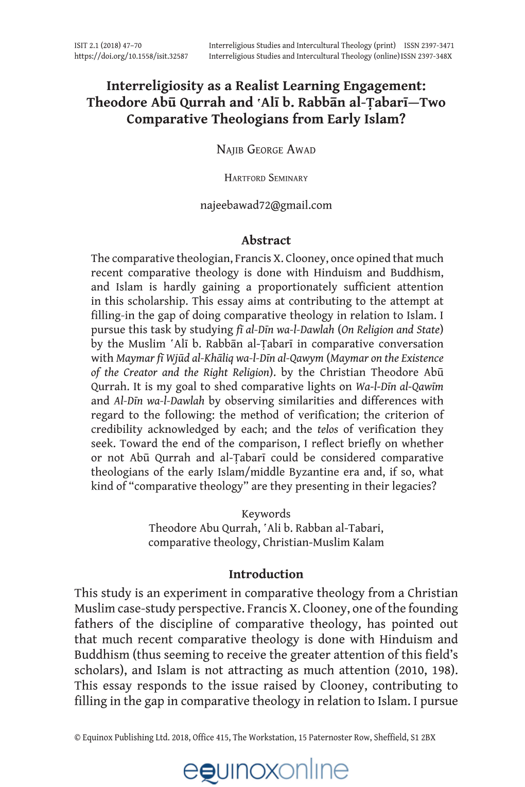 Theodore Abū Qurrah and ʽalī B. Rabbān Al-Ṭabarī—Two Comparative Theologians from Early Islam?