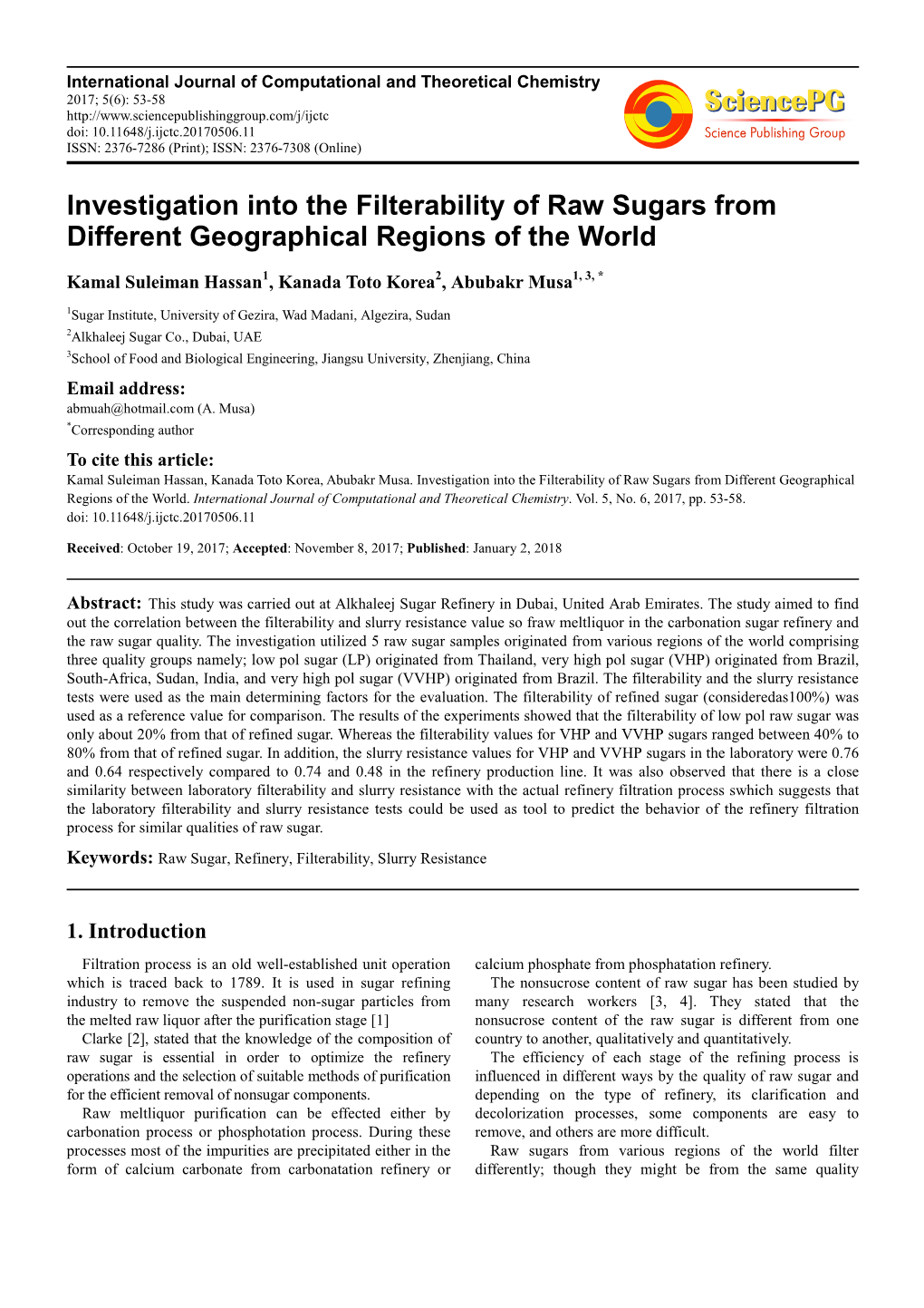 Investigation Into the Filterability of Raw Sugars from Different Geographical Regions of the World