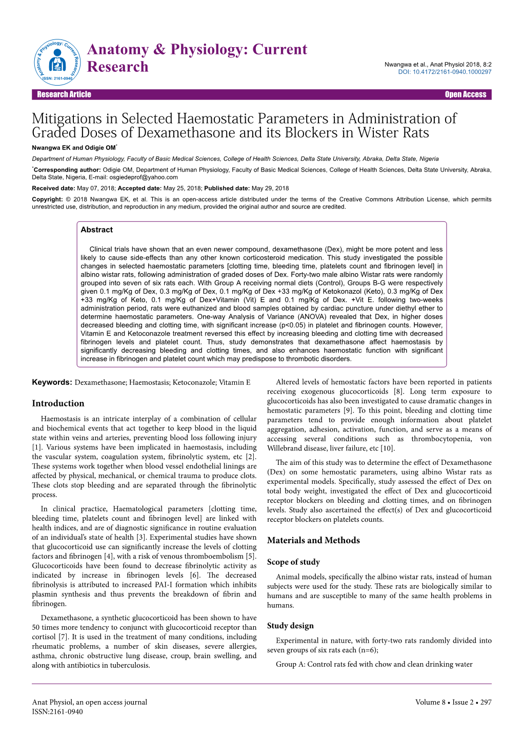 Mitigations in Selected Haemostatic Parameters in Administration of Graded Doses of Dexamethasone and Its Blockers in Wister