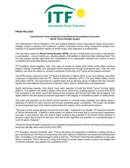 PRESS RELEASE International Tennis Federation and National Associations Announce World Tennis Number Project the International T