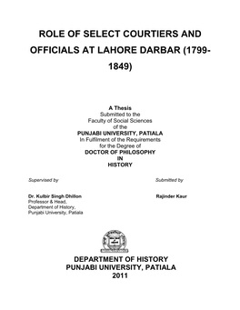 Role of Select Courtiers and Officials at Lahore Darbar (1799- 1849)