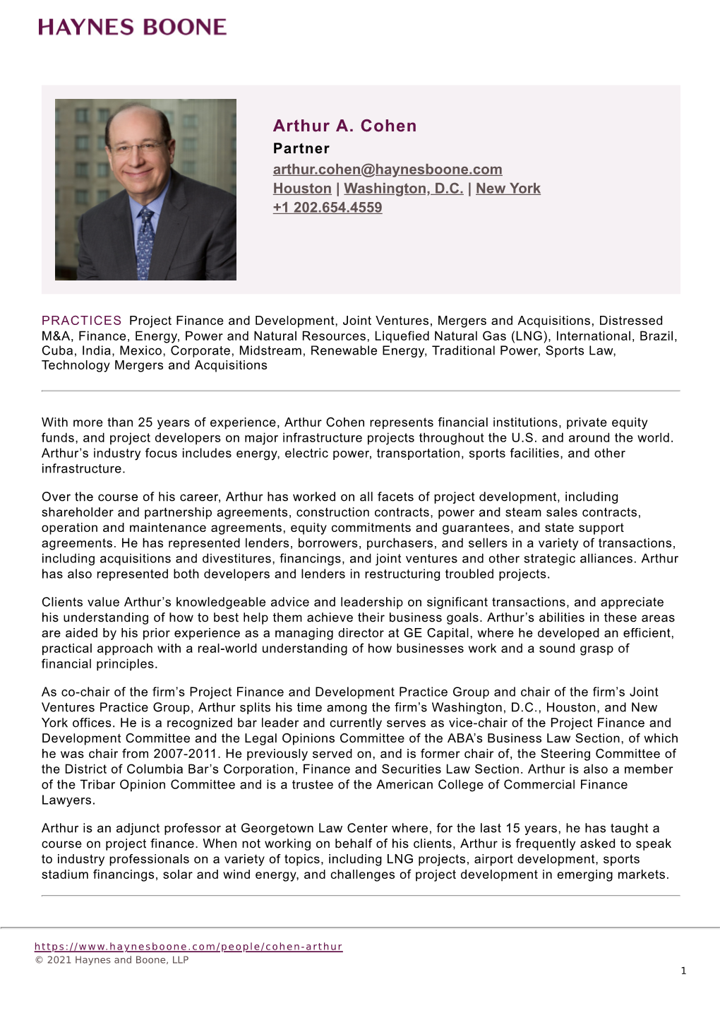 Arthur A. Cohen Partner Arthur.Cohen@Haynesboone.Com Houston | Washington, D.C