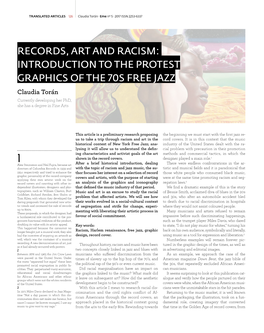 RECORDS, ART and RACISM: INTRODUCTION to the PROTEST GRAPHICS of the 70S FREE JAZZ Claudia Torán Currently Developing Her Phd, She Has a Degree in Fine Arts