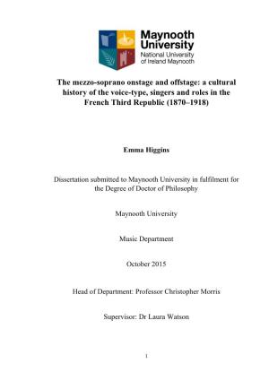 The Mezzo-Soprano Onstage and Offstage: a Cultural History of the Voice-Type, Singers and Roles in the French Third Republic (1870–1918)
