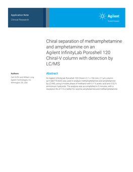 Chiral Separation of Methamphetamine and Amphetamine on an Agilent Infinitylab Poroshell 120 Chiral-V Column with Detection by LC/MS