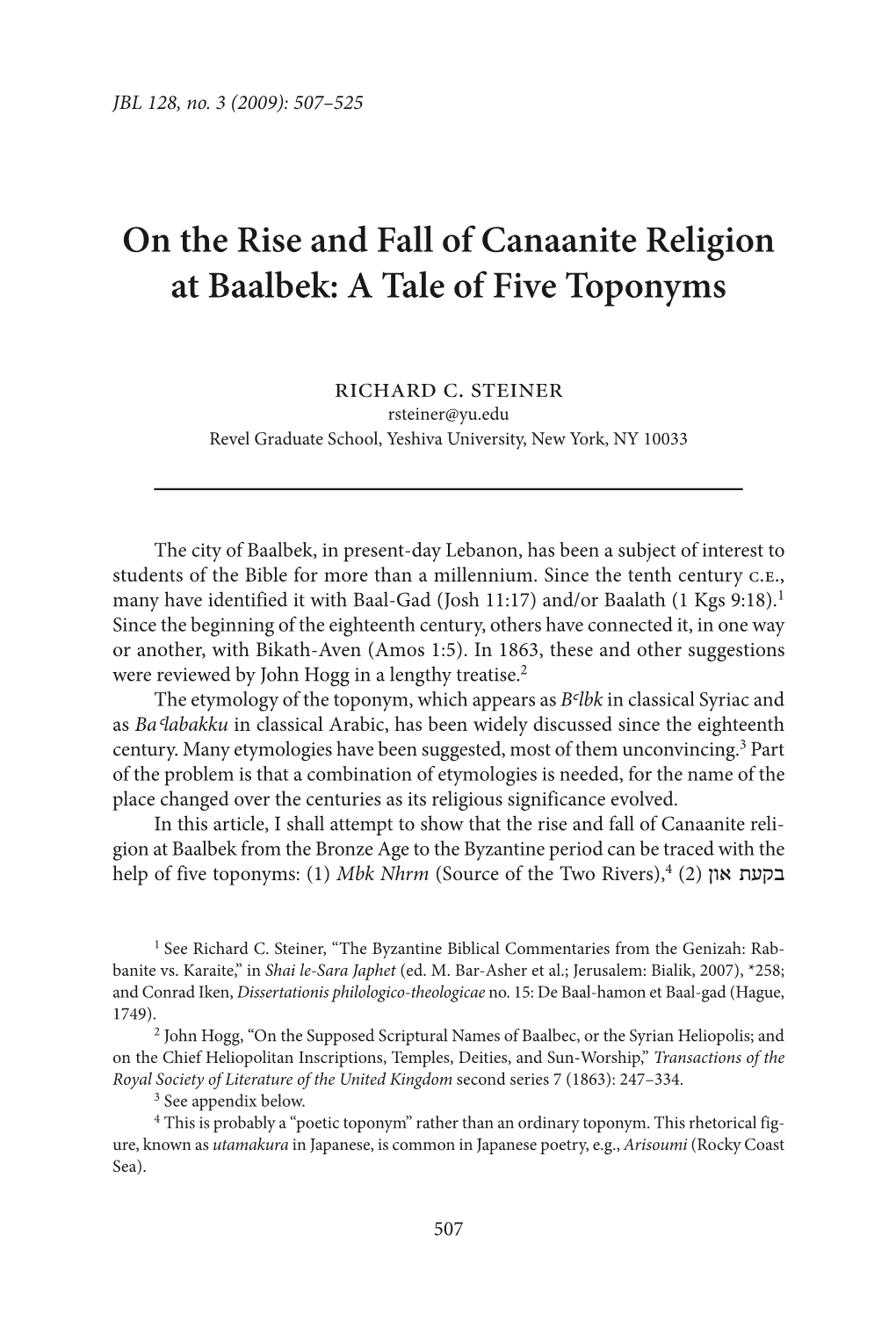 On the Rise and Fall of Canaanite Religion at Baalbek: a Tale of Five Toponyms