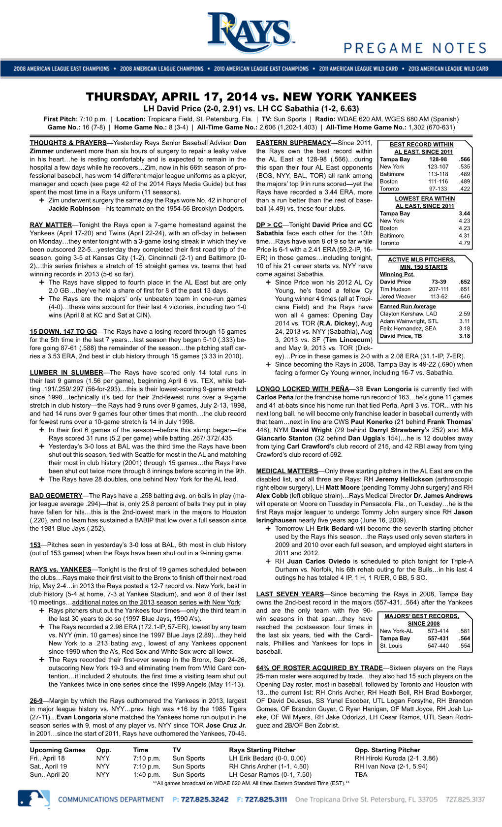 THURSDAY, APRIL 17, 2014 Vs. NEW YORK YANKEES LH David Price (2-0, 2.91) Vs