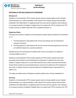 DOPTELET (Avatrombopag) RATIONALE for INCLUSION IN