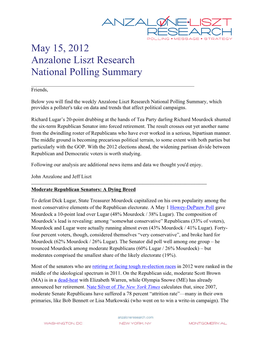 May 15, 2012 Anzalone Liszt Research National Polling Summary ______Friends