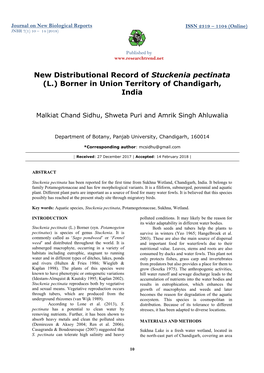New Distributional Record of Stuckenia Pectinata (L.) Borner in Union Territory of Chandigarh, India
