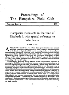 Hampshire Recusants in the Time of Elizabeth I, with Special Reference to Winchester
