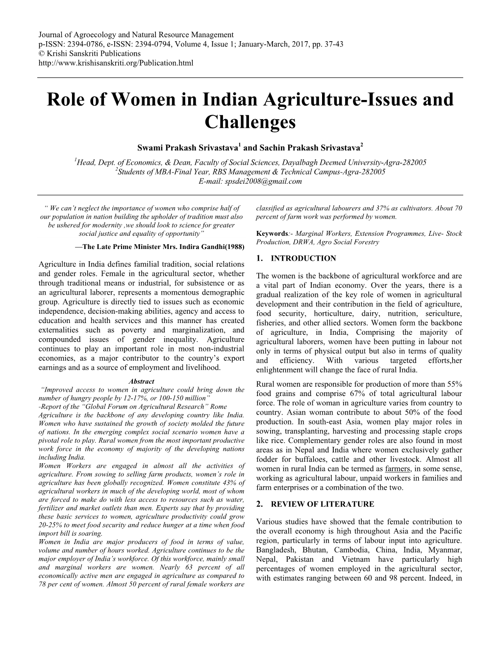 Role of Women in Indian Agriculture-Issues and Challenges