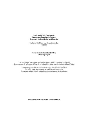 Land Value and Community Betterment Taxation in Britain: Proposals for Legislation and Practice