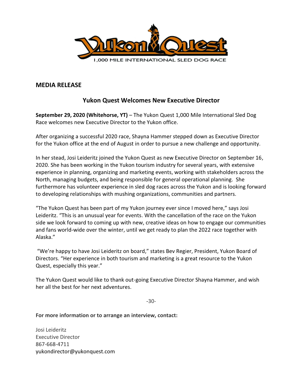 MEDIA RELEASE Yukon Quest Welcomes New Executive Director
