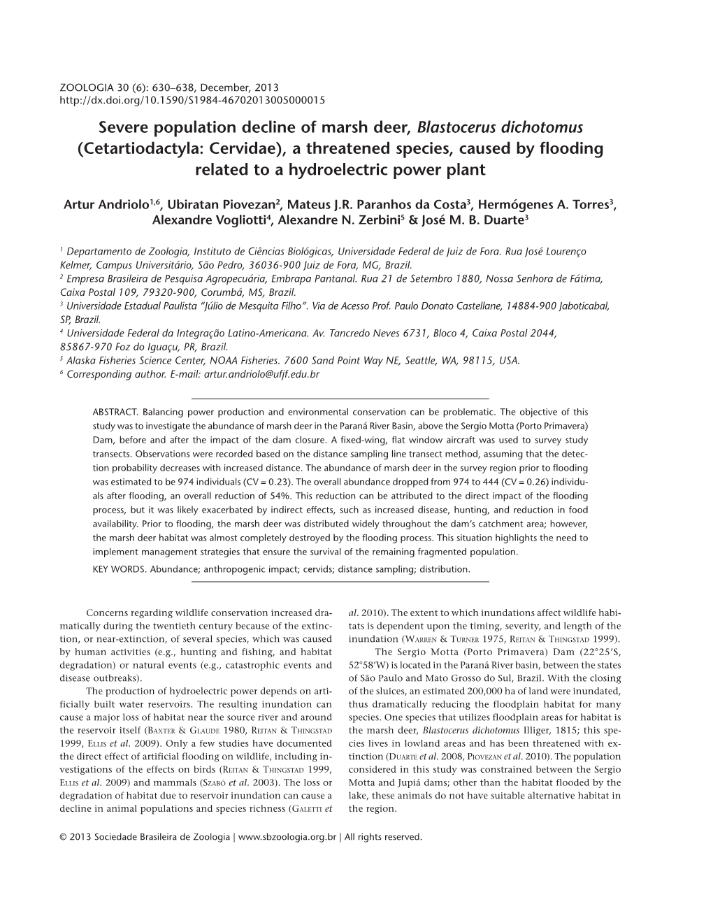 Severe Population Decline of Marsh Deer, Blastocerus