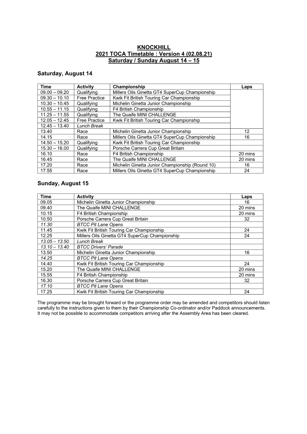 KNOCKHILL 2021 TOCA Timetable : Version 4 (02.08.21) Saturday / Sunday August 14 – 15