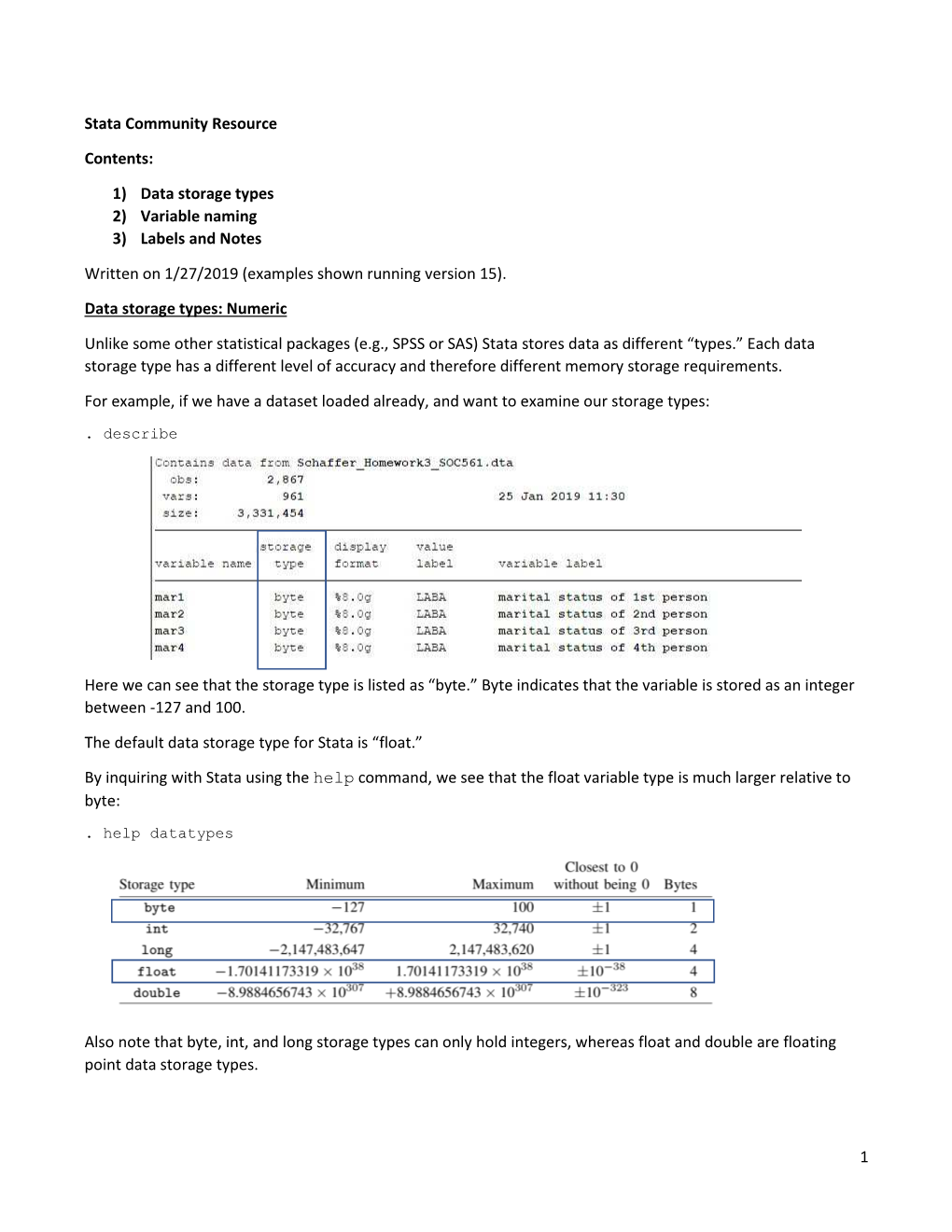 1) Data Storage Types 2) Variable Naming 3) Labels and Notes Written