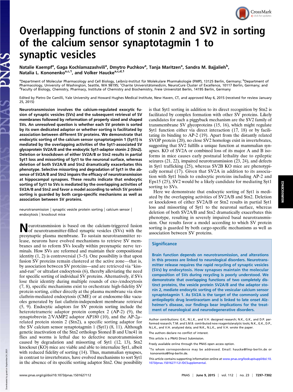 Overlapping Functions of Stonin 2 and SV2 in Sorting of the Calcium Sensor Synaptotagmin 1 to Synaptic Vesicles