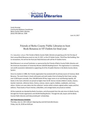 Friends of Berks County Public Libraries to Host Book Bonanza in VF Outlets for Final Year