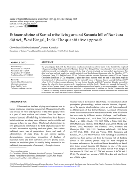 Ethnomedicine of Santal Tribe Living Around Susunia Hill of Bankura District, West Bengal, India: the Quantitative Approach