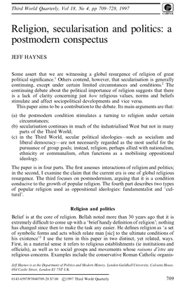 Religion, Secularisation and Politics: a Postmodern Conspectus