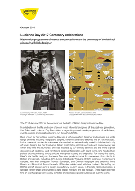Lucienne Day 2017 Centenary Celebrations Nationwide Programme of Events Announced to Mark the Centenary of the Birth of Pioneering British Designer