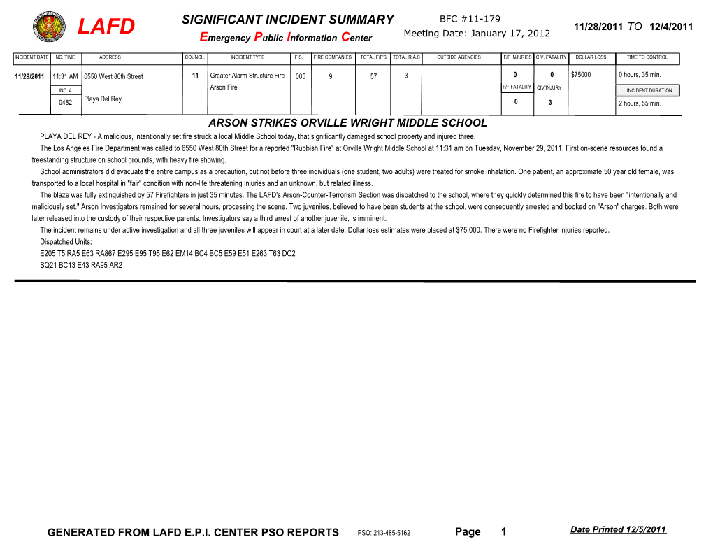 SIGNIFICANT INCIDENT SUMMARY BFC #11-179 11/28/2011 to 12/4/2011 LAFD Meeting Date: January 17, 2012 Emergency Public Information Center