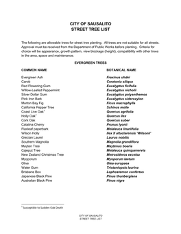 City of Sausalito Street Tree List