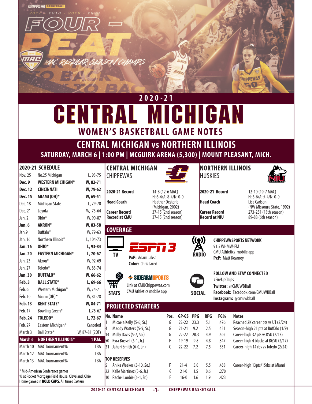 CENTRAL MICHIGAN WOMEN’S BASKETBALL GAME NOTES CENTRAL MICHIGAN Vs NORTHERN ILLINOIS SATURDAY, MARCH 6 | 1:00 PM | MCGUIRK ARENA (5,300) | MOUNT PLEASANT, MICH