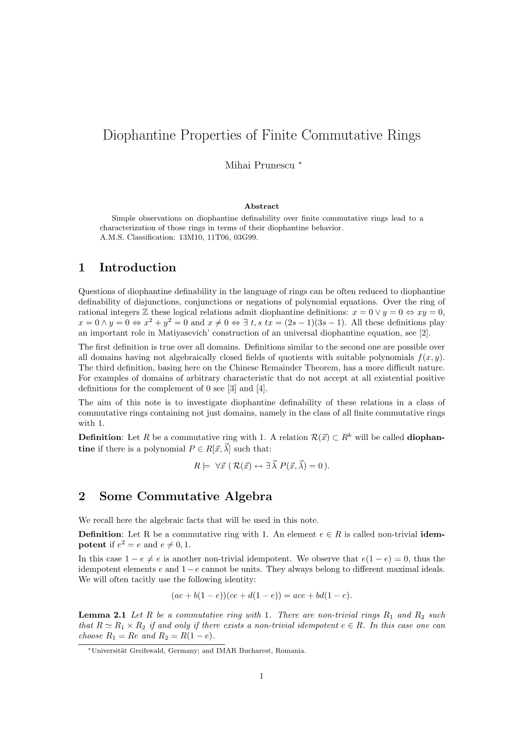 Diophantine Properties of Finite Commutative Rings