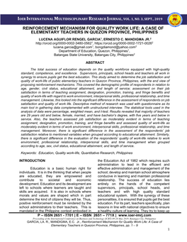 Reinforcement Mechanism for Quality Work Life: a Case of Elementary Teachers in Quezon Province, Philippines Lucena Aguiflor Rengel Garcia1, Ernesto C
