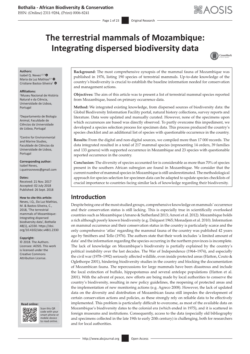 The Terrestrial Mammals of Mozambique: Integrating Dispersed Biodiversity Data