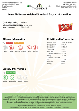 Allergy Information Nutritional Information Mars Maltesers Original