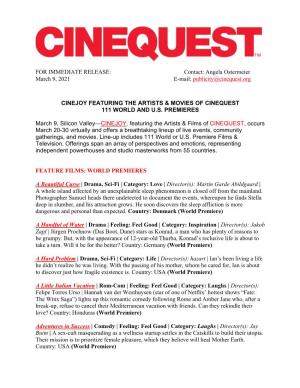 FOR IMMEDIATE RELEASE: Contact: Angela Ostermeier March 9, 2021 E-Mail: Publicity@Cinequest.Org