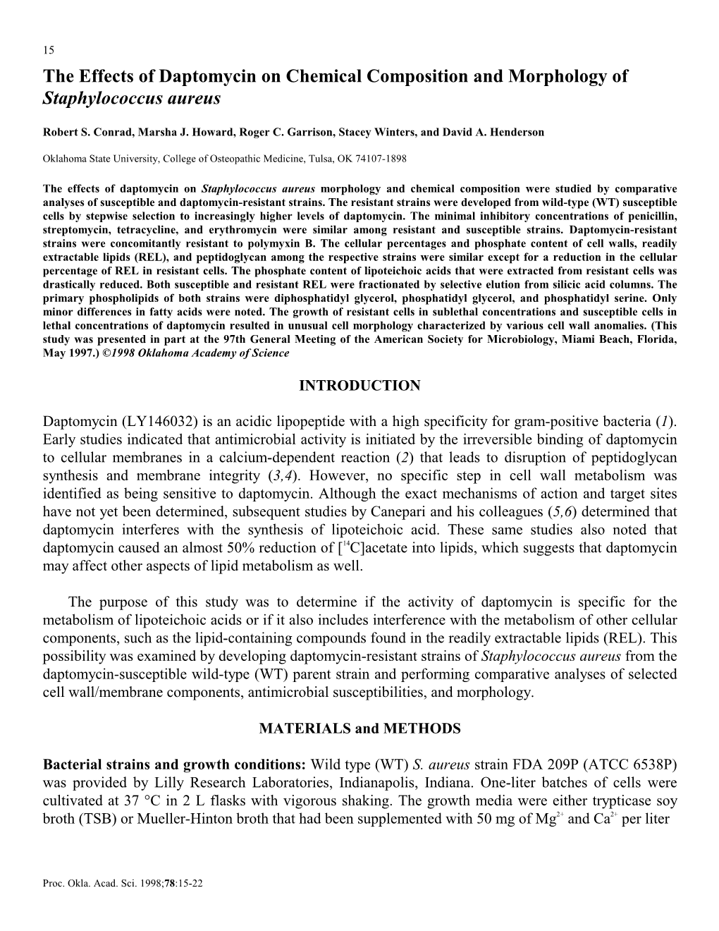 The Effects of Daptomycin on Chemical Composition and Morphology of Staphylococcus Aureus