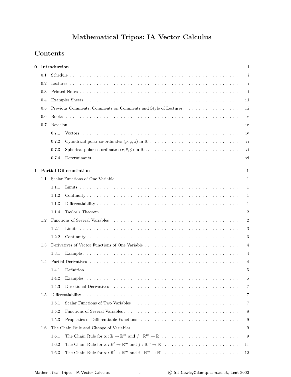 Mathematical Tripos: IA Vector Calculus Contents