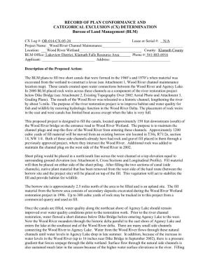 RECORD of PLAN CONFORMANCE and CATEGORICAL EXCLUSION (CX) DETERMINATION Bureau of Land Management (BLM)