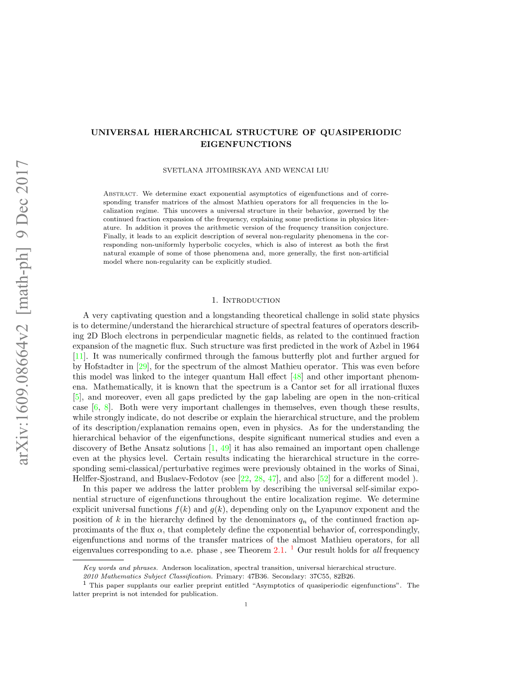 Arxiv:1609.08664V2 [Math-Ph] 9 Dec 2017 Yhftde N[ in Hofstadter by Ae[ Case Atrpern Sntitne O Publication