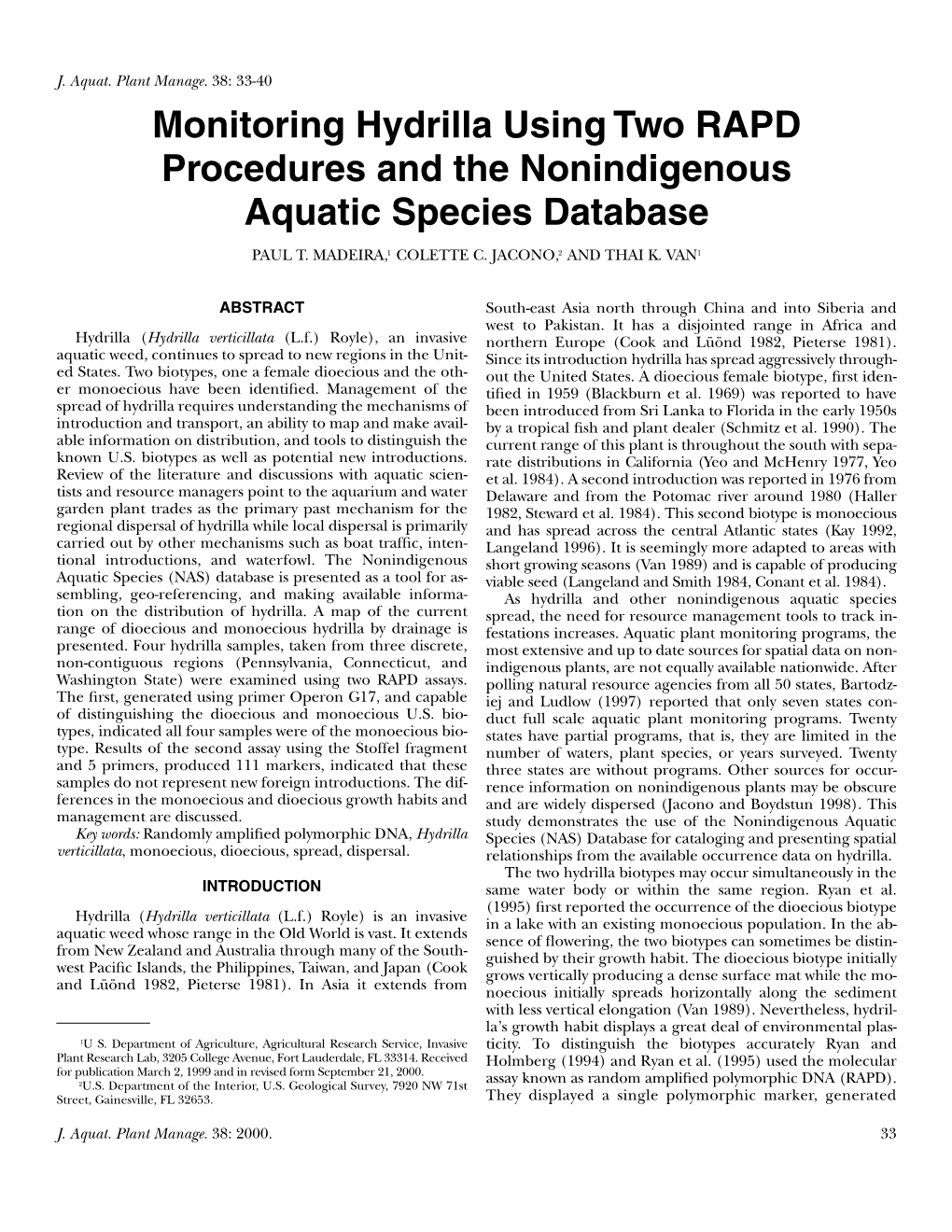 Monitoring Hydrilla Using Two RAPD Procedures and the Nonindigenous Aquatic Species Database