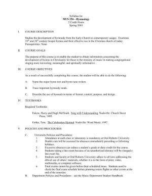 Syllabus for MUS 350—Hymnology 2 Credit Hours Spring 2003
