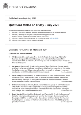 Questions Tabled on Fri 3 Jul 2020