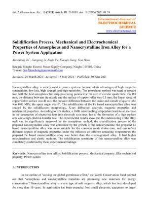 Solidification Process, Mechanical and Electrochemical Properties of Amorphous and Nanocrystalline Iron Alloy for a Power System Application